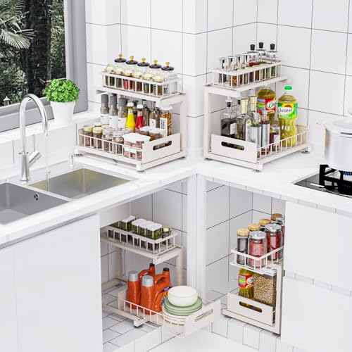 Under Sink Organizer, Heavy Duty Metal Pull Out Cabinet Organizer Slide Out Sink Shelf Organizer Height Adjustable, Multi-Purpose Storage Shelf for Kitchen Bathroom(Sand,2Pack) - color: Sand, size: 2 Pack