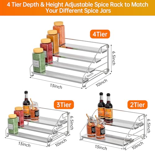 RCHYFEED Spice Rack Organizer for Cabinet, 4 Tier Spice Rack, Depth Adjustable Spice Organization for Cabinet Easy Visibility, Tiered Adjustable Spice Shelf for Kitchen Countertop Pantry Cupboard