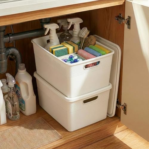 BINO | Plastic Storage Bins with Lids, 22 Liter - 3 Pack, White | THE BRAIDED COLLECTION | Plastic Bins for Organization Woven Storage Baskets for Organizing Pantry Shelf Organizer Basket Bin - color: White, size: 22L | 3-Pack