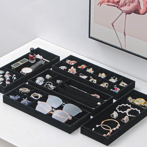 2Pcs Desk Drawer Storage Tray, Nightstand Organizer Tray, Necklace Bracelet Ring Earring Jewelry Display Tray, Grid Table Organizer Holder Tray for Sunglass, Phone, Watch, Perfume (1 grid)/Black - color: Black, size: 1 Grid