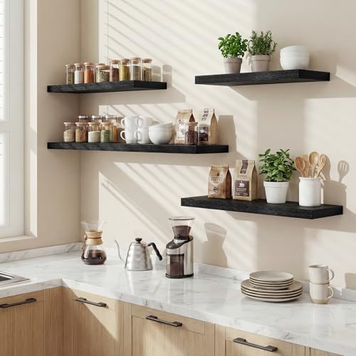 Acovy Floating Shelves for Wall,18 Inch Black Wall Shelves Set of 2,9.3" Deep Floating Shelf with Invisible Bracket,Wall Mounted Storage Shelf for Farmhouse Home Decor,Living Room,Bedroom,Bathroom - color: Black, size: 18 Inch,Set of 2