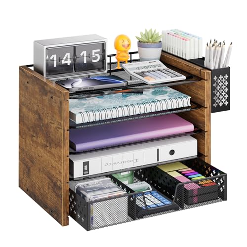 Simple Trending 5-Tier Paper Organizer Letter Tray, Wood Desk Organizers and Accessories with Drawer & Pen Holder for Home Office School
