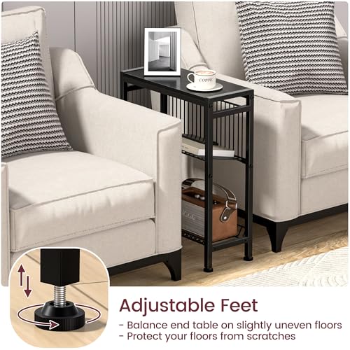 Narrow Side Table for Small Space, 3-Tier End Table with Magazine Holder, Slim Nightstand with Wire Shelf, Skinny Bedside Table in Living Room, Bedroom, Study, Kitchen and Balcony (Black) - color: Upgrade-black