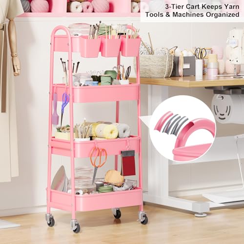 4 Tier Rolling Cart Metal with Lockable Wheels, Four Tiered Pink Trolley Cart on Wheels, Utility Storage Organizer Carts for Bathroom, Kitchen, Art, Craft, Baby Diaper Caddy, Snack, Makeup, Nail, Lash - color: Fashion Pink, size: 4 tier
