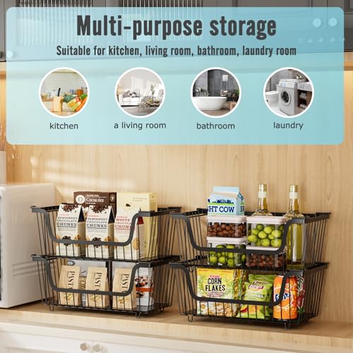 GAOKASE 4 Pcs Stackable Wire Baskets for Pantry Organizers and Storage,Vegetable Fruit Basket for Countertop,Kitchen Storage Metal Baskets,Produce Potato Onion Storage Bin,Black - color: 1-Black