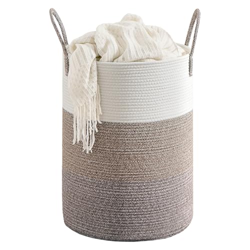 CLHMILY&Z 60L Laundry Basket Round Storage Rope Basket - 15x20.5 Inches - Laundry Hamper in Bedreoom and Mutil Storage Bin for Blankets, Toys, and Nursery Essentials - color: Brown & White, size: 60L