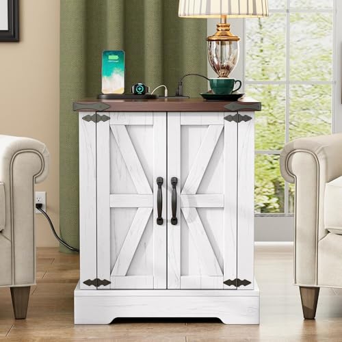 Farmhouse End Table with Charging Station, Rustic Wood Nightstand with Adjustable Shelf, 19.6"W Versatile Walnut Sofa Side Table with Barn Doors and Retro Hinges for Bedroom, Living Room (White-kk025) - color: White-kk025
