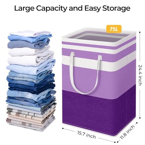 HomeHacks 2 Pack Large Laundry Baskets, Waterproof, Freestanding Laundry Hampers, Collapsible Clothes Hamper with Reinforced Handles in Laundry, College Dorm, Bathroom, Bedroom (Purple, 75Lx2) - color: Purple, size: 75L