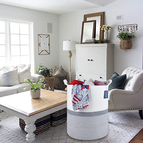 COMSE Extra Large Blanket Basket, Tall Woven Storage Basket, Nursery Hamper, 15.7”x 21.7”, Cotton Rope Laundry Hamper for Toys Clothes Towels, Blend White/Gray - color: Blend White & Gray