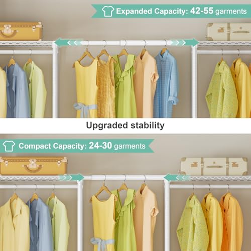 SEMHOR E06 Expandable Heavy Duty Clothes Rack for Reach-in Closet, Freestanding Clothing Racks with Shelves, Carbon Steel Closet Organizer System Adjustable from 70.8-93.9", Max Load 800LBS, White