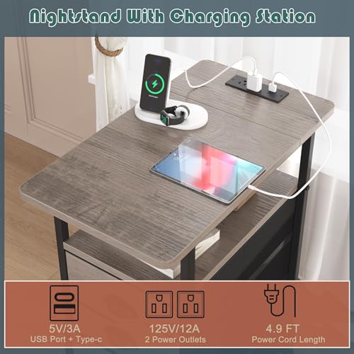 sthmec End Table with Charging Station,LED Side Tables with USB Ports and Outlets,Narrow Nightstands Bedside Tables with 3 Drawers for Small Space,Slim Sofa Table for Livingroom,Grey - color: Grey, size: 11.75'' W*21'' D* 24.3'' H, style: Power & LED