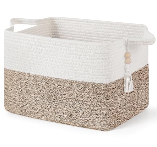 Mkono Woven Storage Basket, Cube Cotton Rope Basket for Shelves, Clothes, Toys, Towels, Books, Rectangle Bin with Handles for Organizing, Decorative Gift, 13'' x 10'' x 9'', Brown and White (1 Pack) - color: Brown and White
