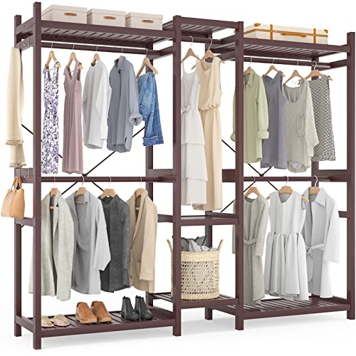Homykic Bamboo Closet System Clothes Rack, Large Freestanding Garment Rack Clothing Rack for Hanging Clothes with 7 Storage Shelves and 5 Rods, Open Wardrobe Organizer with 4 Hooks, Espresso - color: Espresso, size: III Large