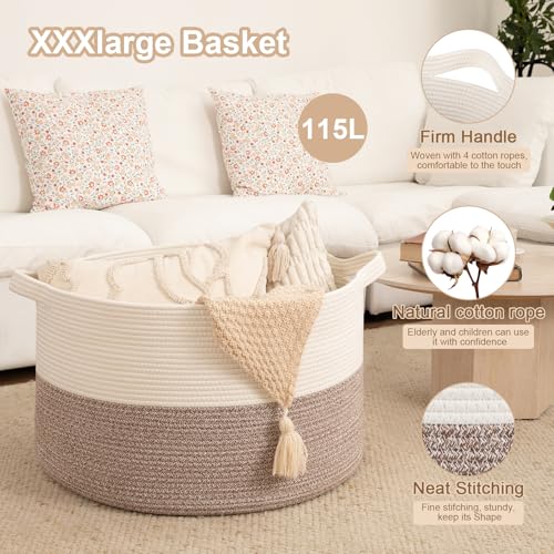 OIAHOMY 115L Extra Large Blanket Basket, 23.6" x 15.4" Woven Cotton Rope Laundry Basket for Organizing Pillows, Decorative Stuffed Animal Toy Storage Bin for Nursery, White and Linen Brown - color: White and Linen Brown, size: 23.6"D x 15.4"H