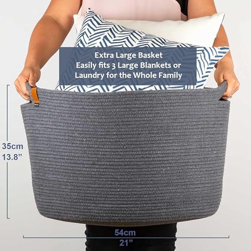 DENJA & CO Extra Large Blanket Basket for Living Room - Decorative Woven Baskets for Storage | Cotton Rope Large Baskets for Blankets, Pillows, Toys, or Laundry | Charcoal Gray (21" x 13.8") - color: Dark Grey, size: Extra Large (21"W x 13.8"H)