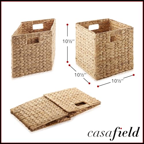 Casafield 10.5" x 10.5" Water Hyacinth Storage Baskets, Natural - Set of 4 Collapsible Cube Organizers, Woven Bins for Bathroom, Bedroom, Laundry, Pantry, Shelves - size: 4-Pack