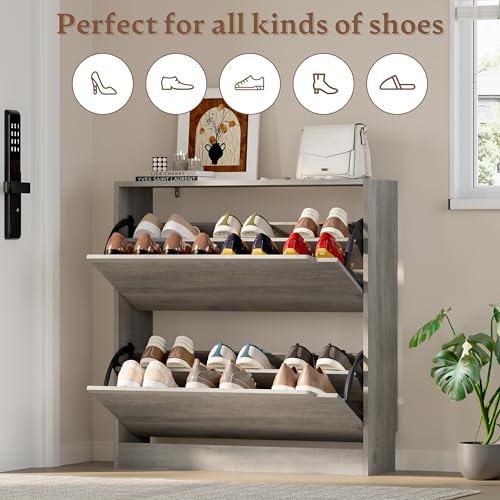 BORNOON Shoe Cabinet with 2 Flip Drawers, Slim Narrow Shoe Storage Cabinet, Freestanding Shoe Organizer with Adjustable & Removable Shelves, Top Display Shelf for Entryway, Hallway, Foyer, Closet - color: Grey, size: 2-Drawer