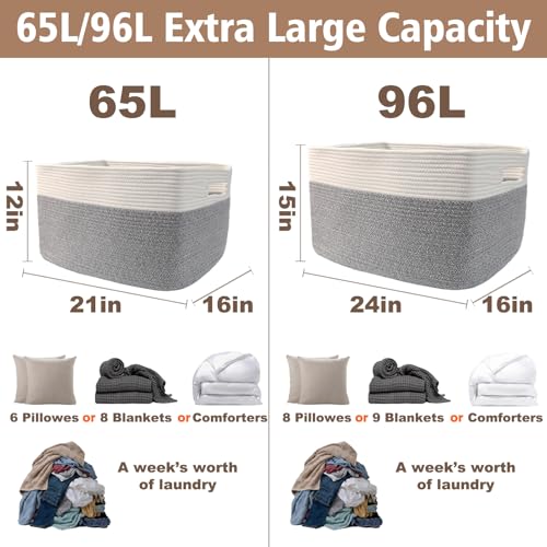 JMvicyroam Woven Blanket Basket,65L Large Storage Bin for Blankets Toys Clothes,Decorative Rope Basket for Living Room Bedroom with Handles, White&Grey - color: White&Grey, size: 65L