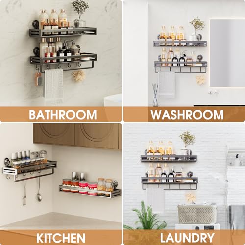 Suction Cup Shower Caddy, 15.7inch Extended Version, with 5 Hooks & Towel Rrack, No Drilling Required, Rust-Resistant Bathroom Shower Organizer (Dark Gray, 2-Pack) - size: 15.7 inches(2-pack US)