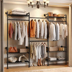 Wall Mounted Garment Rack, Walk-in Closet System with Expandable Rods, Adjustable Shelves, Industrial Pipe Clothing Racks, Hanging Clothes Organizers and Storage, Metal Closet Shelving Wardrobe - color: Black