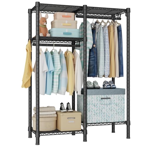 Ulif F1 Garment Rack for Kids, Baby, Students, and Children's Room, 4 Tiers Freestanding and Portable Heavy Duty Closets, Small Metal Clothes Rack with 2 Hanging Rod, 31.2" W x 11.8" D x 48" H, Black - color: Black