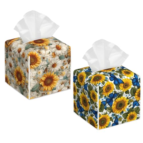 Tissue Box Holder - Sunflowers Butterfly Tissue Box Cover, Leather Square Paper Facial Decorative Tissues Cover for Bathroom Home Car Nightstand Vanity Desk, 2 Pcs - color: Sunflowers Butterfly