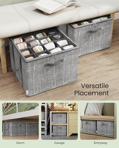 SONGMICS Shoe Organizer for Closet, Set of 2, Shoe Storage Box with Clear Lid, Foldable Fabric Bins, Holds 32 Pairs Total, Reinforced Handles, 16.5 x 16.5 x 12.5 Inches, Cattail Gray ULSP602G01 - color: Cattail Gray, size: 2 Pack