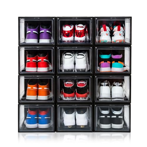 12 Pack Shoe Boxes, Clear Acrylic Plastic Shoe Boxes Stackable, Space-Saving Foldable Drop Front Shoe Storage Boxes Container for With Lids Fits Up to Size 15 (Dark Black) - color: Dark Black