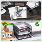 3 Pcs Black Metal Letter Tray, 3-Tier Stackable Paper Tray, Metal Mesh Desktop Organizer, Single Wire Mesh Organizer Front Load File Paper Holder, File Document Storage Rack for Office, School, Home