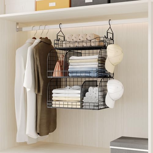 HapiRm Hanging Closet Organizer Storage - 3 Tier Metal Stackable Hanging Closet Shelves with Dividers and S Hooks, Foldable Clothes Shelves for Clothes, Pants, Shoes, Coat, Hats Clutches Accessories - color: Black, size: 3-Tier