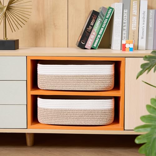 MiniArk Large Shallow Organizing Baskets 15x11x5.1 Inches - Rope Woven Storage Bins for Bathroom, Shelves, Cube Closet, White Mixed Brown 3 Packs - color: Off White & Mixed Brown, size: 3pcs-L15×W11×H5.1"