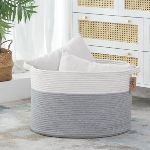 COMFY-HOMI XXXL Large Laundry Basket, Cotton Rope Nursery Woven Basket for Storage, Blanket Baskets Living Room Laundry Hamper, Dog Toy Storage Organizer, Home Decor-21''x21''x13.6''-White/Grey - color: grey