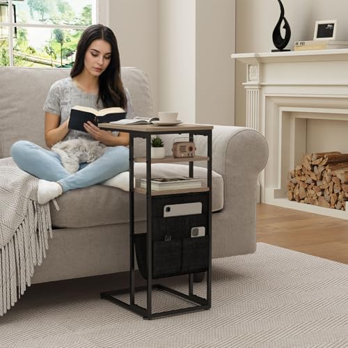C Shaped End Table 28"(H) 3-Tier C Table with Storage Bag, Under Couch Table C-Shaped End Table with Storage Shelves and Bag for Living Room, Bedroom, or Office - color: Oak, size: Wood
