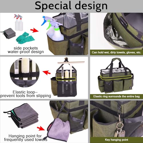 Large Cleaning Caddy Bag Built-in Sturdy Support Board, Cleaning Organizer with Detachable Divider, Cleaning Supply Tote with Adjustable Shoulder Strap&Waist Belt for Cleaners & Housekeeper - color: Green