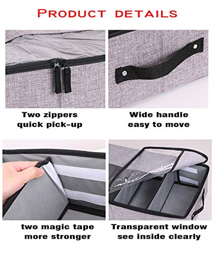 AARAINBOW Foldable Under Bed Clothes Organizer with Lid, Fabric Underbed Storage Container with Adjustable Dividers, Long UnderBed Storage Bins with Handles, Clear Shoes Storage Under Bed (2 Gray) - color: 2 Gray