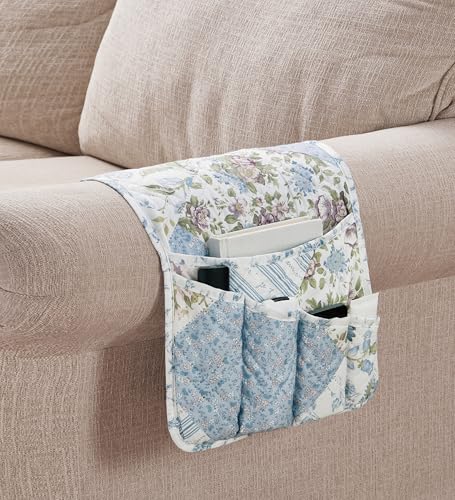 Brilliant Sunshine Blue Rose Patchwork Couch Armrest 5 Pockets Organizer, Slip Resistant Recliner Armchair Caddy, Washable Remote Controls Holder, Storage for Magazine, Tablet, Phone, iPad, Blue Rose - color: Blue Rose