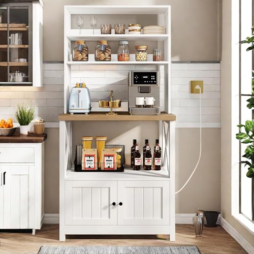 DWVO White Baker Rack with Power Outlet and Storage, Farmhouse Microwave Stand with Door for Kitchen, 5-Tiers Tall Coffee Bar Station Cabinet Thickened Counter with Hutch Shelves - color: White, size: 31.5''W