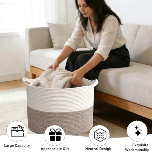 115L Extra Large Blanket Basket,Woven Rope Laundry Basket Hamper with Handles, Decorative Nursery Basket Storage Bin for Toys, Clothes Organizer, Living Room, Bedroom, Bathroom, White & Brown - color: White&Brown, size: 23.6"L x 23.6"W x 15.7"H(115L)