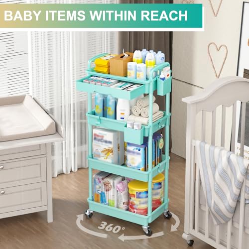Goovilla 4 Tier Rolling Utility Cart Organizer with Removable Drawer, Stable and Sturdy Blue Rolling Storage Carts with 2 Lockable Wheels for Bathroom, Kitchen, Snack, Craft, Makeup, Baby Essentials - size: 4 Tier, style: Blue