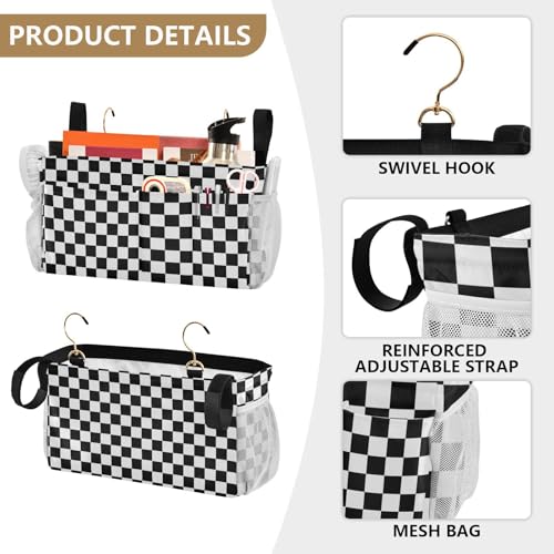 Black White Checkerboard Print Bedside Caddy Storage Bag Bedside Organizer for Bunk Bed Headboards College Organizer Caddy Hanging Shelf 6 Pockets with Hooks for Drinks Magazine Phone Holder - color: Checkerboard Black White