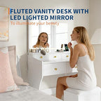 Garvee 31.5-Inch Wide Vanity with Chair, Womens Vanity with Stool, LED Mirror, Hairdryer Holder, Power Outlet, 3 Lighting Color Adjustable - color: White Vanity With Chair