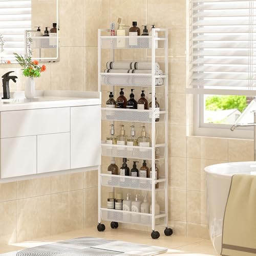 ThreeHio 6 Tier Slim Storage Cart, Narrow Cart with Wheels, Metal Mobile Shelving Unit Organizer for Bathroom, Kitchen, Laundry Room, Living Room & Narrow Spaces, White, 6in(W) - color: White, size: 6 Tier(6 inches)