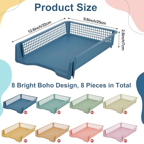 8 Pack Boho Plastic Turn in Paper Trays for Classroom Storage Bin Basket Organizers for School Teacher Supplies Classroom Office Home Organization Storage Tray Holds 4A Paper File Document