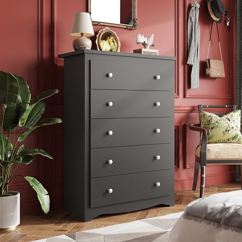 WLIVE Wooden Dresser with 5 Drawers, 45" Tall Black Dresser for Bedroom, Chest of Drawers, Storage Cabinet and Organizer Drawers for Living Room, Hallway, Closet - color: Black, size: 5 Drawers