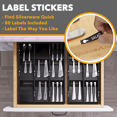 SpaceAid Bamboo Silverware Drawer Organizer with Labels, Kitchen Utensil Tray Holder Organizer for Flatware, Cutlery, Spoon and Knives Drawer Storage Organization (Black, 6 Slots) - color: Black