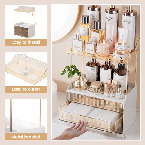 Delamu Bathroom Organizers and Storage, 2 Tier 3 Drawer Makeup Organizer Countertop, Easy to Install, Ideal for Bathroom Counter, Vanity, Ideal for Women Girls, Amber - color: Amber, size: 3Drawers 1 Pack