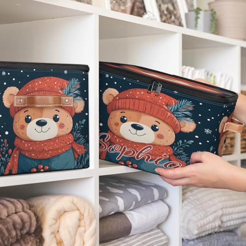 Custom Storage Basket with Name, Personalized Storage Bins with Zipper Lid, Foldable Fabric Storage Box Large capacity with Handle Red Hat Scarf Bear - color: Option 14
