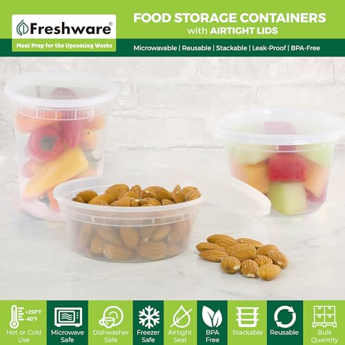 Freshware Food Storage Containers with Lids [8/16/32 oz x 20 each, 60 sets] Deli Containers, Microwave and Freezer Safe, Stackable, Leakproof, BPA Free, Clear - size: 8, 16, 32 oz [60 Set]