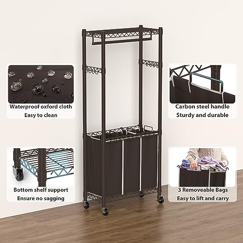 Hodonas 3-Section Laundry Sorter With Hanging Bar, Rolling Hamper Cart, Basket Organizer, Hanging Rack, Lockable Wheels and Removable Bags for Clothes Storage, Espresso - color: Espresso