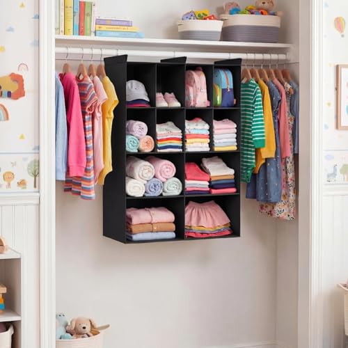 Ofiray-home 4 Tier Hanging Closet Organizer, 12 Compartments Sweater Organizer for Closet with 3 Sturdy Hooks, Closet Organizers and Storage, Wardrobe, Rv, Garment Rack, Black - color: Black, size: 4-Tier